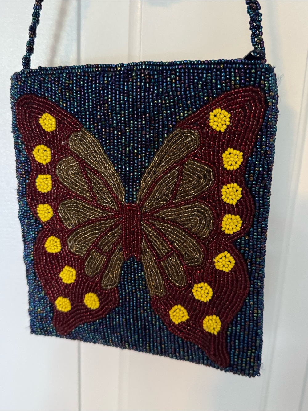 VTG Y2K 1990s Handbeaded Butterfly Crossbody Bag in Navy, Burgundy & Yellow
